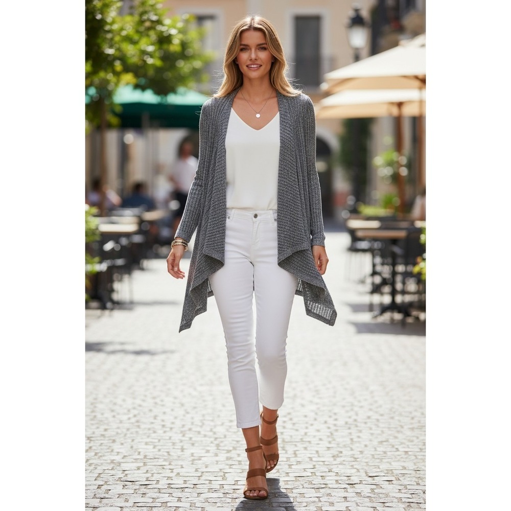 Lafayette 148 NY Linen Blend Waterfall Cardigan Blue Ribbed Open Front S $398‎